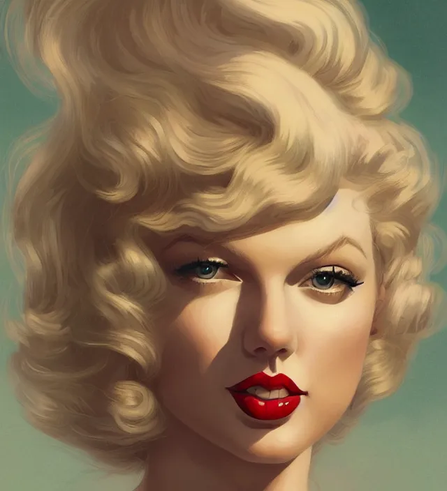 Image similar to portrait of taylor swift as a young marilyn monroe, elegant, flat lighting, intricate, highly detailed, digital painting, artstation, concept art, smooth, sharp focus, illustration, closeup, misa amane, art by simon bisley and greg rutkowski and alphonse mucha, novel cover