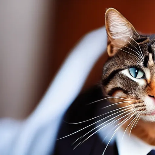 Prompt: a high detail closeup shot of a cat wearing a suit and smoking a cigar