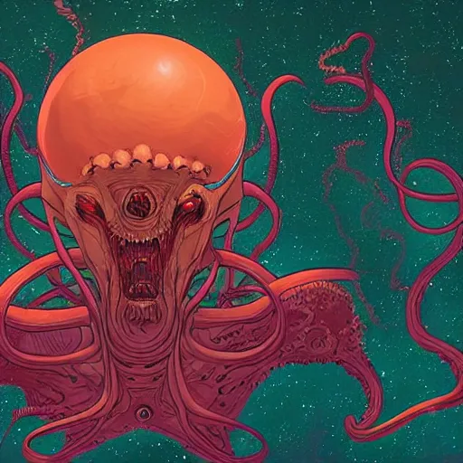 Prompt: digital painting of an elder god in space by Tomer Hanuka, hyperdetailed, cosmic horror, eldritch abomination, trending on Artstation