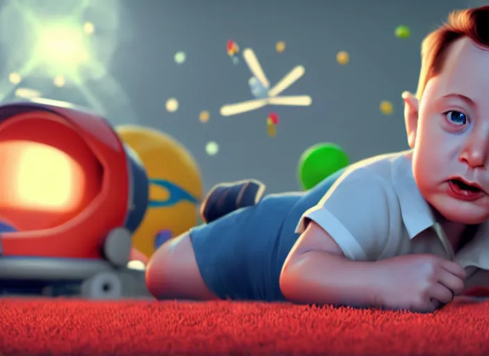 Prompt: toddler elon musk lying on a fluffy rug playing with his space rockets, rendered with renderman, realistic materials, pbr, soft lighting, cgsociety