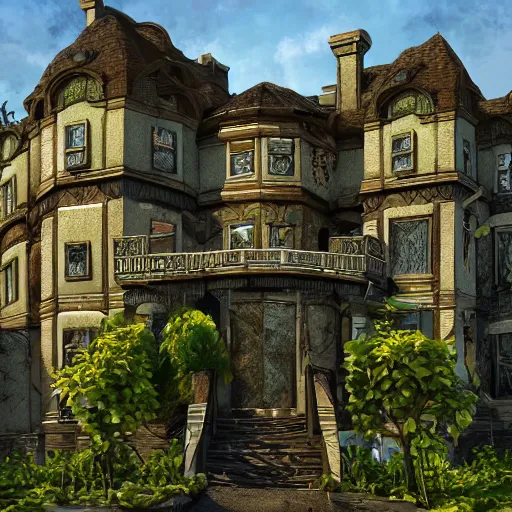 Prompt: ugly gaudy mansion, abandoned, growing vines, very old, professional art, trending on artstation, very detailed, realistic,
