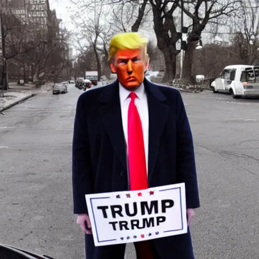 Image similar to donald trump dressed as a homeless man asking for money on the streets