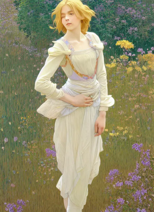 Prompt: pretty young man with shoulder length shiny shimmering golden blond hair, half body shot, decorative flowery background, path traced, highly detailed, high quality, digital painting, by studio ghibli and alphonse mucha, leesha hannigan, hidari, disney, jules bastien - lepage