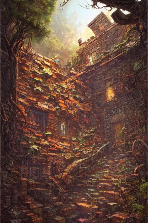 Prompt: (((((a ramshackle manhattan brick brownstone deep in the forest))))) by Justin Gerard!!!!!!!!!!!!!!!!!!!!!!!!!!!