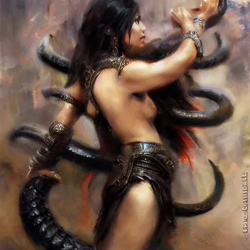 Image similar to nagas, female, long, black scales, cinematographic shot, by daniel f. gerhartz