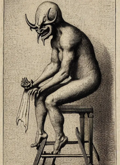 Image similar to elmo sits on a stool, demon from the dictionarre infernal, etching by louis le breton, 1 8 6 9, 1 2 0 0 dpi scan, ultrasharp detail, clean scan