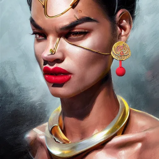 Image similar to detailed oil portrait of tall muscular shining bronze - skinned warrior cat with silver eyes, with short wavy flowing black hair and big gold earrings, jewelry, red lipstick, makeup, feminine, volumetric lighting, dynamic composition, art by sachin teng and sergey kolesov and ruan jia and heng z, scifi, concept art