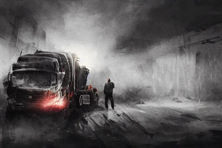 Image similar to epic concept art of traffic accident, huge truck and a man on the ground. close - up fallen man in foreground. backlight. rim light, strong contrast. by ashley wood and j. m. w. turner, speed painting, photo bash, cinematic angle, super detailing, strong perspective, traffic accident, haze over the shoulder shot