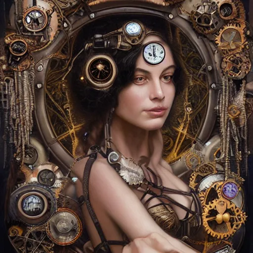 Image similar to Head and shoulders masterpiece portrait of Lana Rhoades as a steampunk beautiful goddess, she half human and half robot, she is embellished with few gears wheels and gemstones, by William Holman Hunt, Greg Rutkowski, Stanely Artgerm, Tooth Wu, Peter Gric, Aaron Horkey, trending on Artstation, digital art, mythological, symmetrical artwork, cinematic lighting, hyper realism, high detail, octane render, ultra realistic, golden ratio, 4k, 8k