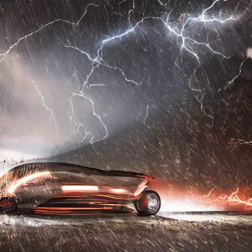 Image similar to futuristic flying car emerging from a circle of lightning in the sky, thunderstorm at night, 28mm dramatic photo