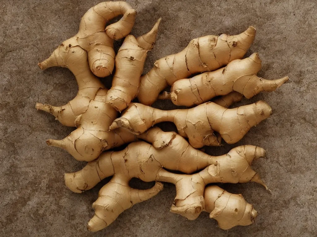 Image similar to a ginger root in the shape of a pack mule, a pack mule, a pack mule shaped ginger root, hyperrealistic