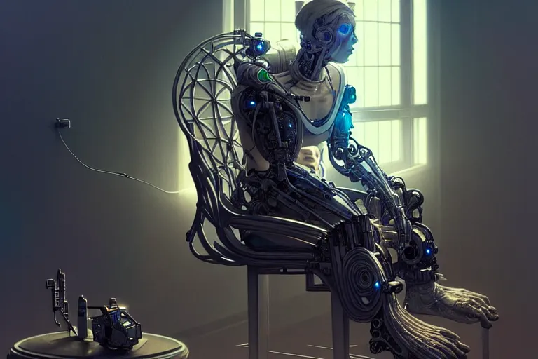 Image similar to ultra realistic, beautiful male cyborg plugged into the internet, sitting in chair, sci - fi, intricate details, eerie, highly detailed, octane render, 8 k, art by artgerm and alphonse mucha and greg rutkowski