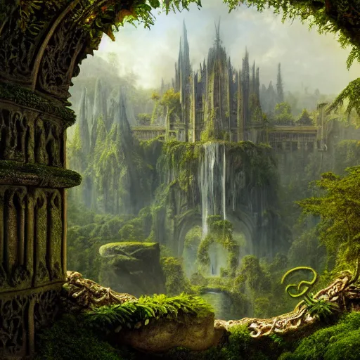 Image similar to a beautiful and highly detailed matte painting of an epic palace in a lush fantasy garden in a beautiful forest, carved stone runes, intricate details, epic scale, insanely complex, hyperdetailed, artstation, cgsociety, 8 k, sharp focus, hyperrealism, by caspar friedrich, albert bierstadt, james gurney, brian froud,