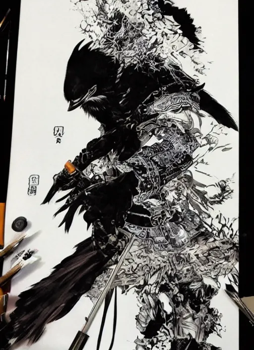 Image similar to portrait of a raven samurai, by takehiko inoue and kim jung gi and hiroya oku, masterpiece ink illustration,