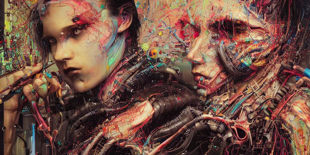 Image similar to portrait of computer & circuits, melting, 8 k, by tristan eaton, stanley artgermm, tom bagshaw, greg rutkowski, carne griffiths, ayami kojima, beksinski, giger, trending on deviantart, face enhance, hyper detailed, minimalist, cybernetic, android, blade runner, full of colour, super detailed