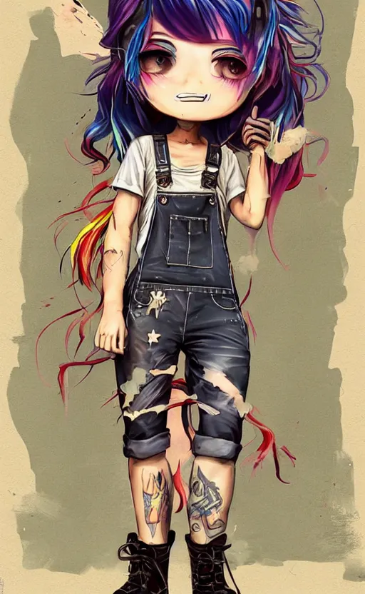 Prompt: a cute grungy alternative chibi woman with rainbow hair, drunk, angry, soft eyes and narrow chin, dainty figure, long hair straight down, torn overalls, short shorts, combat boots, basic white background, side boob, symmetrical, single person, style of by Jordan Grimmer and greg rutkowski, crisp lines and color,