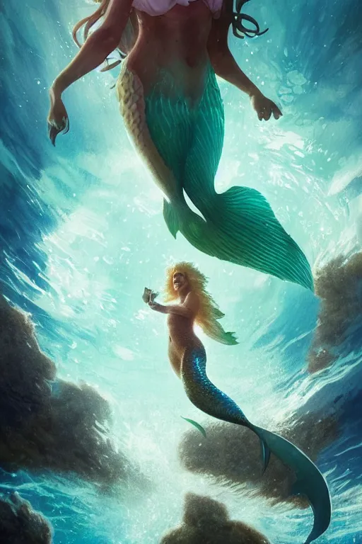 Image similar to doc brown as arielle the mermaid in water, medium shot, disney animation, sharp, illustration, sharp, anime key art by greg rutkowski, bloom, dramatic lighting sharp focus, cinematic, artbook, smooth, centered