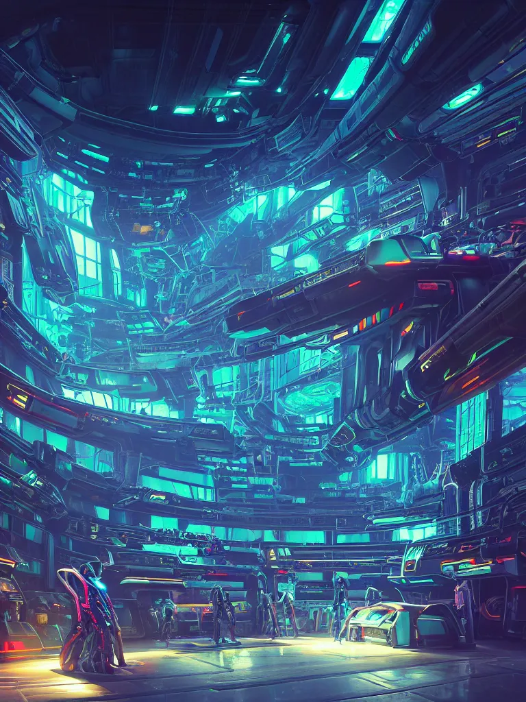 Image similar to the interior of a celestial spaceship cyberpunk hangar in a bioluminescent walls decorated beautifully, lots of cyberpunk design elements like humanoids and mecha robots, warm sunlight shining in, lots of cables and neon signs, concept art 8 k resolution, fantasy illustration, sharp focus, detailed painting, deep color, volumetric lighting, crepuscular rays