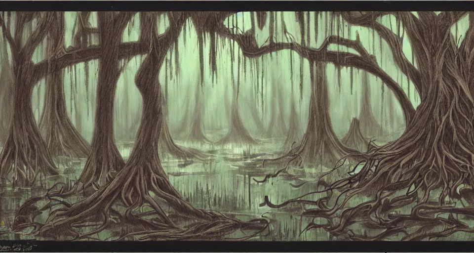 Prompt: A dense and dark enchanted forest with a swamp, by don bluth