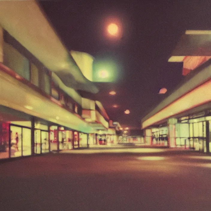 Image similar to liminal polaroid of a retro mall at night, art by dariusz zawadski, deep depth of field. highly detailed, hyper realism, hd, 4 k