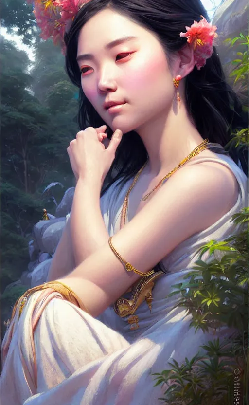 Image similar to a beautiful taiwan goddess with sundress with jewelry | | winter, realistic shaded, unpleasant face, good looking, fine details, realistic shaded lighting poster by greg rutkowski, magali villeneuve, artgerm, jeremy lipkin and michael garmash and macoto takahashi