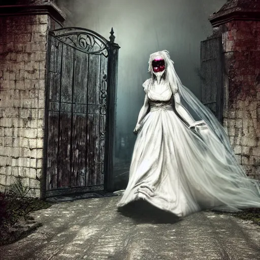 Image similar to a zombie bride with flowing dress and veil at the gate of a decrepit house, night, mist, smoke, scary, spooky, dramatic lighting, moody, style of edgar allen poe, bernie wrightson, octane render