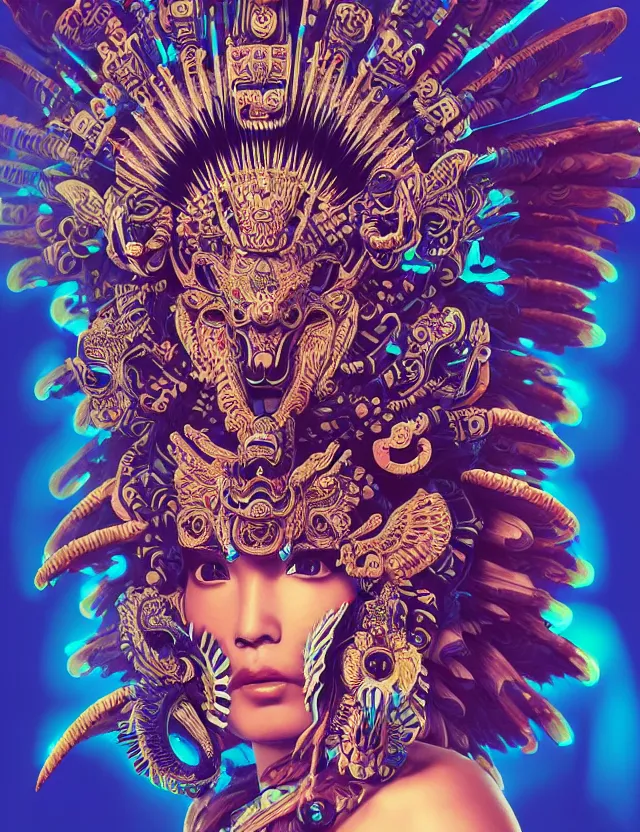 Image similar to 3 d goddess close - up profile portrait aztec with ram skull. beautiful intricately detailed japanese crow kitsune mask and clasical japanese kimono. betta fish, jellyfish phoenix, bio luminescent, plasma, ice, water, wind, creature, artwork by tooth wu and wlop and beeple and greg rutkowski