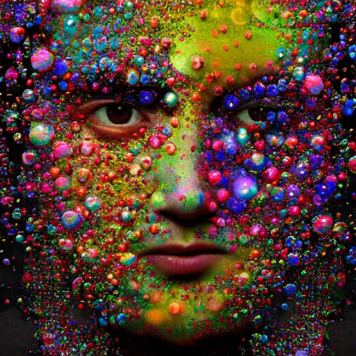 Prompt: multicolored bubbles arranged in the shape of a face, 4k, extreme detail, colorful, creepy surrealism, unsettling, Affinity Photo, PhotoDirector 365, trending on Artstation, award-winning, art by Chiharu Shiota, by Igor Morski