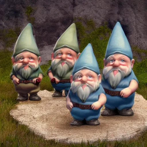 Prompt: a gnome gang, 8k, hyper realistic, photograph in the middle of a field, porcelain figures, life like, photorealism, daylight, natural lighting