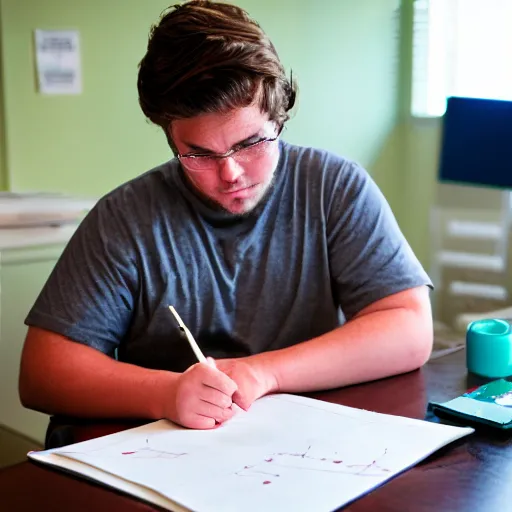 Prompt: Ethan Smith writing his next guide, (EOS 5DS R, ISO100, aperture, shutter, 84mm, RAW, postprocessed, facial features)