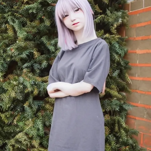 Image similar to girl in anime style with short grey hair wearing a potato sack dress