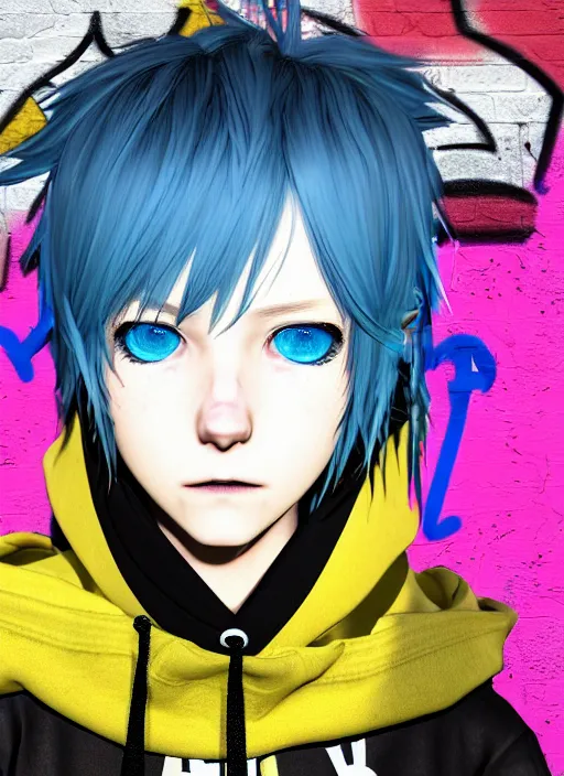 Image similar to highly detailed portrait of a city punk lady student, blue eyes, hoodie, white hair by akihiko yoshida, gradient yellow, black, brown and cyan blue color scheme, grunge aesthetic!!! ( ( graffiti tag wall background ) )
