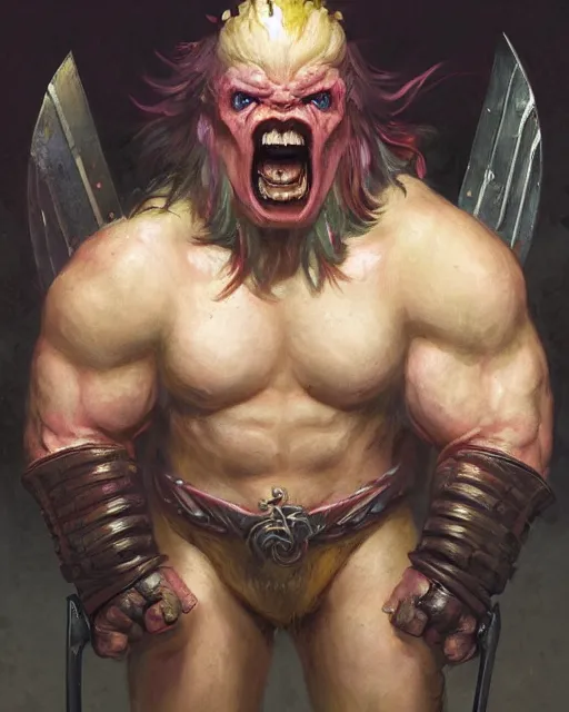 Image similar to a portrait of strong and proud young barbarian, screaming, ready to fight, by Ross Tran and Thomas Cole and Wayne Barlowe