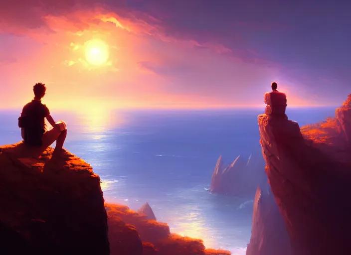 Prompt: a man sitting on a cliff watching the sun explode, painting, digital art, harsh lighting, 4 k hd wallpaper, trending on art station, art by greg rutkowski and andreas rocha 4 k