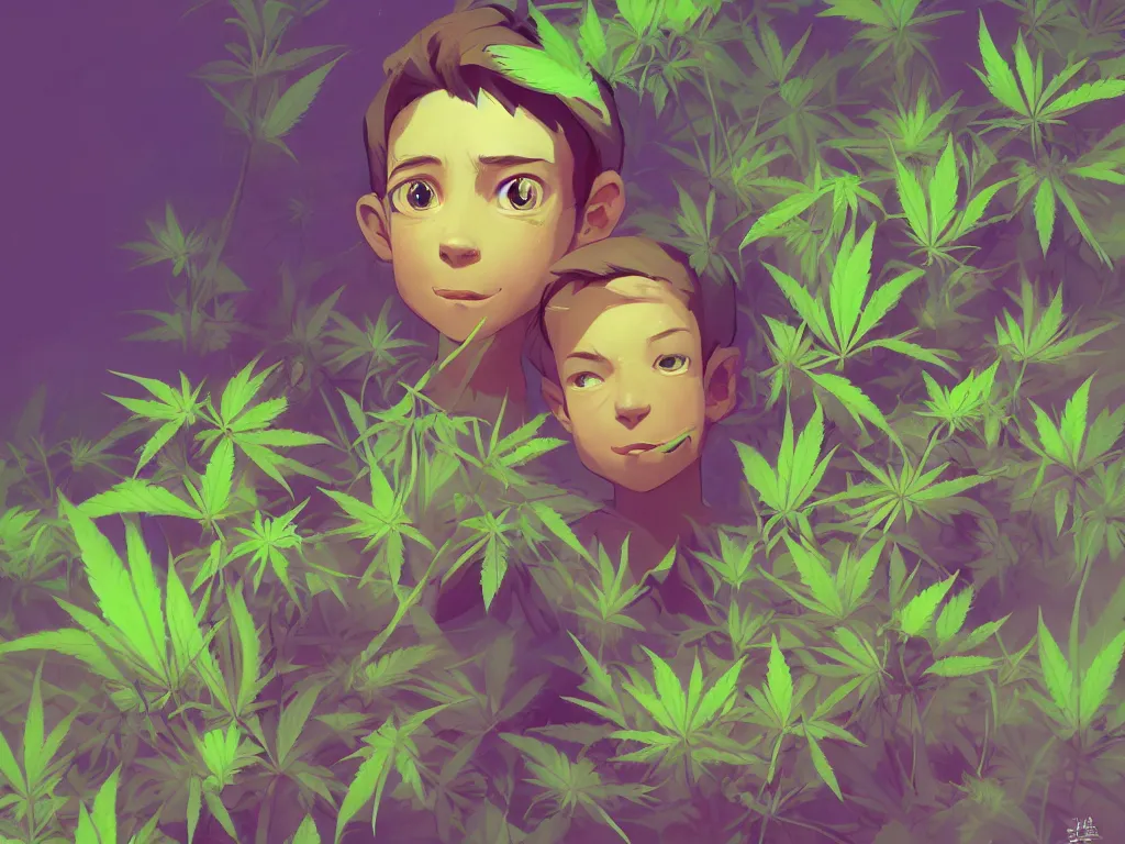 Image similar to kid with green purple flowers of marijuana hemp cannabis, behance hd by jesper ejsing, by rhads, makoto shinkai and lois van baarle, ilya kuvshinov, rossdraws global illumination, golden ratio, symmetrical beauty face