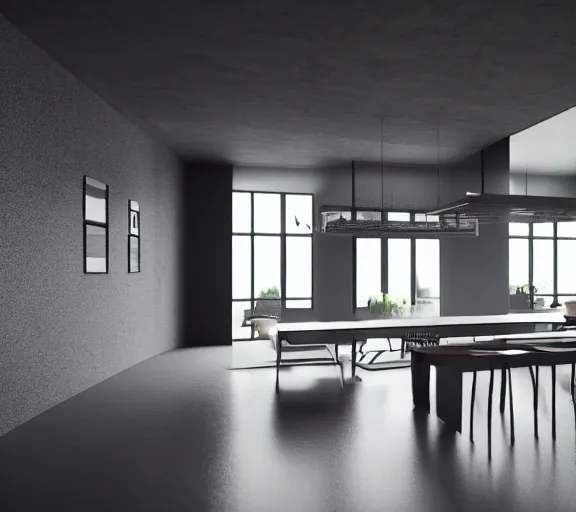 Image similar to brutalist black mansion luxury kitchen with 2 islands interior design minimalist organic, organic architecture furniture open space high quality octane render blender 8 k