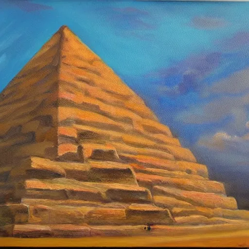 Image similar to oil painting of pyramid, sunny day, sun