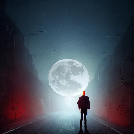 Prompt: movie poster of menacing figure with a cleaver standing in the middle of a road, night, large moon in the sky, by Cédric Peyravernay, excellent composition, dark