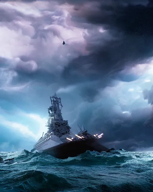 Image similar to scifi action scene of a fishing boat on stormy seas, a terrifying gigantic star destroyer spaceship flying overhead, the gigantic star destroyer spaceship is emerging from storm clouds, sunset lighting, stormy weather, dramatic lighting, unreal engine, hyper realism, realistic shading, cinematic composition, realistic render, octane render, detailed textures, photorealistic, ultrawide shot, 1 6 mm lens