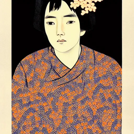 Prompt: “ pablo pascal portrait by ikenaga yasunari and ayana otake and ko rakusui, 6 0 s poster, drawing, realistic, sharp focus, japanese, dreamy, nostalgia, faded, golden hues, floral clothes ”