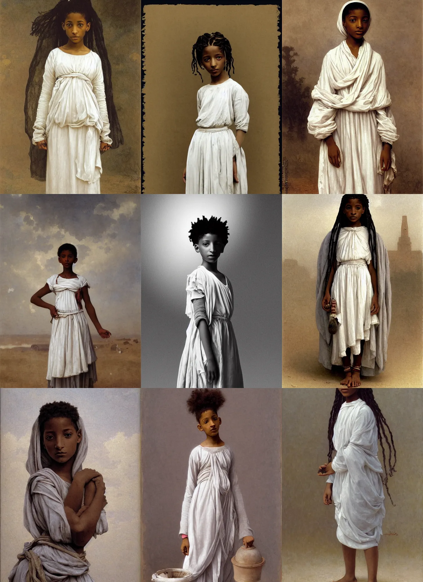 Prompt: willow smith as young libyan girl, white skirt, full body, symetrical, grey background, intricate, sharp focus, illustration, orientalism, bouguereau, rutkowski, jurgens