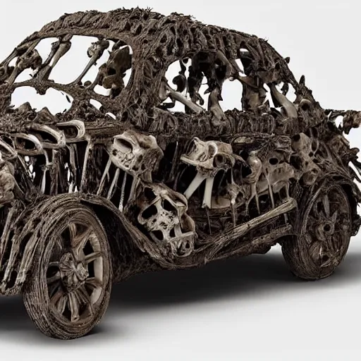 Prompt: a car made out of bones and bones, a surrealist sculpture by hendrick cornelisz vroom, featured on zbrush central, auto - destructive art, made of insects, made of cardboard, made of feathers