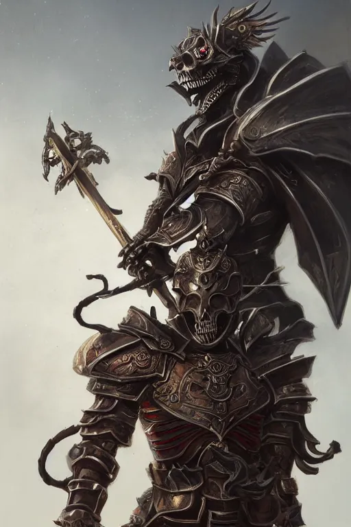 Image similar to portrait of a skeleton with chinese dragon in armor and helmet, majestic, solemn, big sword, wearing helmets and armor with wings, symmetrical, solemn, sacred, aura, art by greg rutkowski, matte painting, trending on artstation