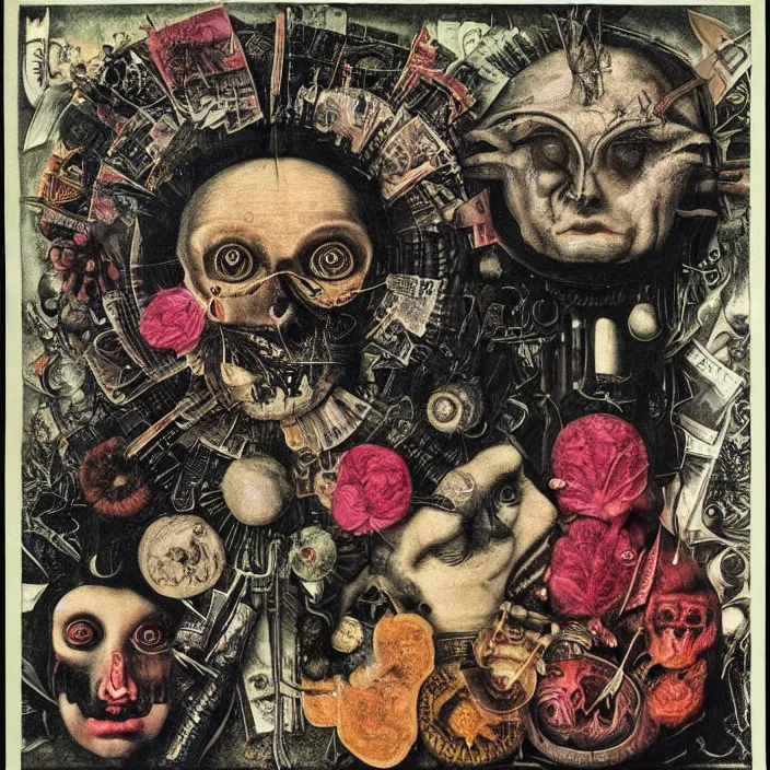 Image similar to post - punk new age album cover, asymmetrical design, dollar bank notes, capitalism, magic, apocalypse, psychedelic, black white pink, highly detailed, magic, giger h. r., giuseppe arcimboldo