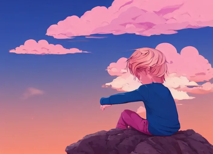 Image similar to a little boy with blonde hair sitting on a cloud in front of a pink and blue sunrise sky. clean cel shaded vector art. shutterstock. behance hd by lois van baarle, artgerm, helen huang, by makoto shinkai and ilya kuvshinov, rossdraws, illustration, art by ilya kuvshinov