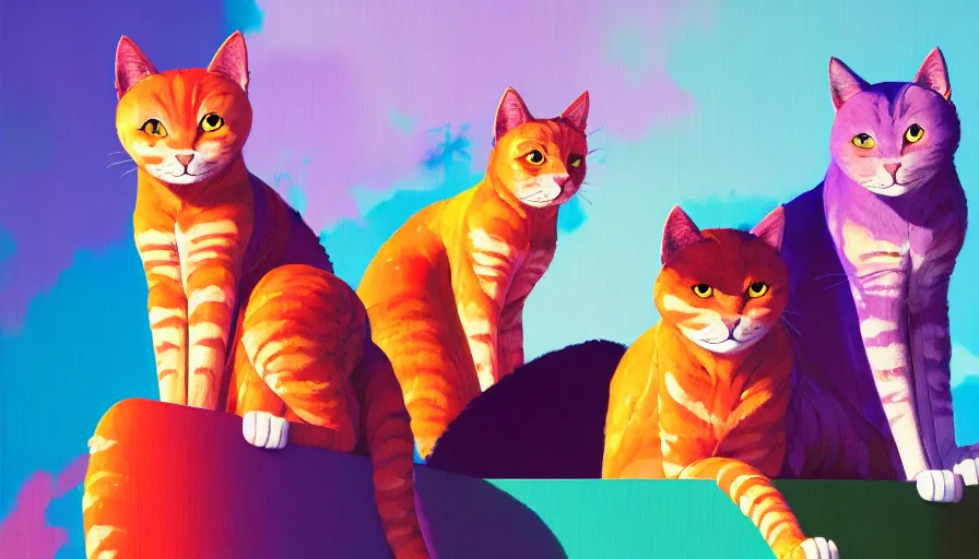 Image similar to contemporary semi abstract acrylic painting of really tall sitting cats by makoto shinkai, by greg rutkowski, by lisa frank, thick brush strokes and visible paint layers, multicolor color scheme