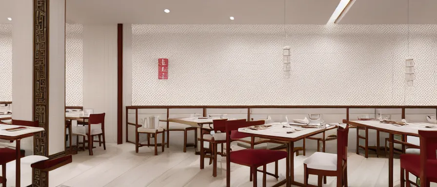 Image similar to a beautiful simple interior render of small roasted string hotpot restaurant restaurant yan'an, wall corner, from china, red paper wall and white tile floor, rectangle white porcelain table, fine simple delicate structure, chinese style, simple composition, simple style structure decoration design, victo ngai, 4 k hd