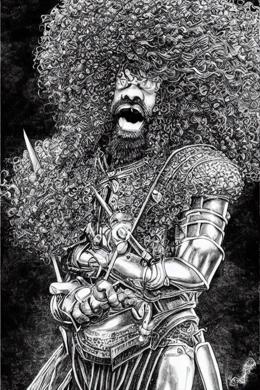 Image similar to black man with afro hair and raspy beard stubble as a knight, highly detailed, anatomically correct, black and white, manga, art by kentaro miura