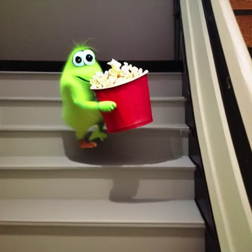 Image similar to mike wazowski falling down the stairs with a bucket of popcorn, iphone photo