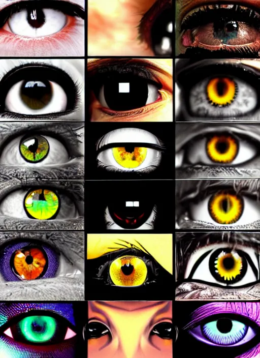 Image similar to grid montage of cube shaped eyes, square shaped black dilated pupils, cube shaped irises, detailed colored textures, eyelashes, advanced art, art styles mix, from wikipedia, wet reflections in square eyes, sunshine light, hd macro photograph, from side, various eyelid positions, square black pupil centered